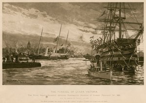 De begrafenis van koningin Victoria. Het koninklijke jacht Alberta, met het lichaam van de koningin, komt de haven van Portsmouth binnen bij zonsondergang
