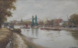 Hammersmith Brug - de huidige - na 1887 - gezien vanaf de Surrey oever door Charles John de Lacy