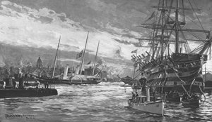 De Begrafenis van Koningin Victoria...Koninklijk Jacht Alberta komt Portsmouth Haven binnen...1901 door Charles John de Lacy