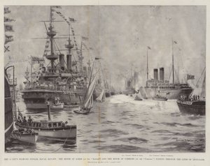 Het diamanten jubileum van de koningin, marine review, het Hogerhuis (op de Donau) en het Lagerhuis (op de Campania) passeren door de linies van ijzeren schepen door Charles John de Lacy