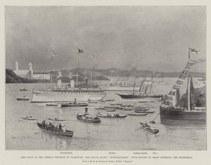 Het bezoek van de Duitse keizer aan Palestina, het koninklijke jacht Hohenzollern met escorte van schepen die de Bosporus binnenvaren door Charles John de Lacy