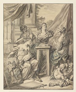 Schone Kunsten gepersonifieerd door drie vrouwen die de herkenning voor Lodewijk XV vieren, 1753 door Charles Joseph Dominique Eisen