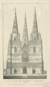 Lichfield Kathedraal - Westgevel: gravure door Charles Joseph Hullmandel