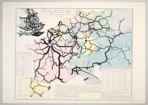 Figuratieve en benaderende kaart van de beweging van reizigers op de belangrijkste spoorwegen van Europa in 1862, 1865 door Charles Joseph Minard