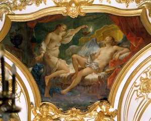 Psyche steekt zijn lamp op om zijn vrouw Eros (of Liefde) te aanschouwen door Charles Joseph Natoire