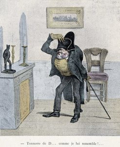 Donderslag van D... wat lijk ik op hem!... Cartoon van Travies uit de 19e eeuw die een man afbeeldt die zichzelf vergelijkt met een beeldje van Napoleon. door Charles Joseph Travies de Villiers