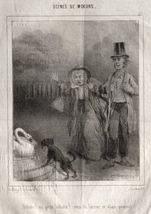 Scènes de moeurs: Bellotte! ma petite Bellote! veux-tu laisser ce vilain poisson! door Charles Joseph Traviès de Villers