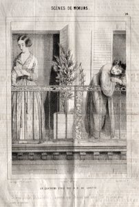 Scènes de moeurs: Een vierde verdieping rue N. D. de Lorette. Ik denk dat ze mijn brief leest... tenzij het een andere is. Ze had er negen bij de portier door Charles Joseph Traviès de Villers