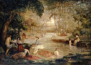 Badhuis: Vrouwen badend bij een rivier