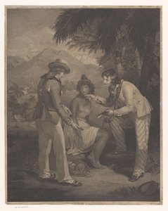 Twee Britse matrozen bieden een horloge en spiegel voor het fruit van een Indiase vrouw door Charles Knight