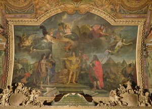 Koning Lodewijk XIV (1638-1715) geeft bevel om gelijktijdig vier van de sterkste Nederlandse posities aan te vallen in 1672, plafondschildering uit de Galerie des Glaces door Charles Le Brun