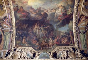 Koning Lodewijk XIV (1638-1715) regeert alleen in 1661, plafondschildering uit de Galerie des Glaces