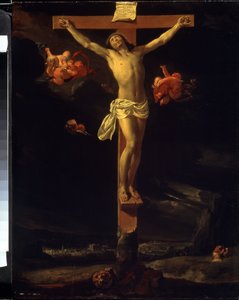 La crucifixion (De Kruisiging). Men kan de Latijnse inscriptie op het kruis lezen ""His est iesus rex iudeorum"" (Dit is Jezus, de koning der Joden). Schilderij van Charles Le Brun (1619-1690) door Charles Le Brun