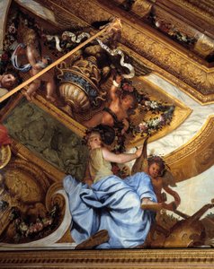 Salon des muses, detail: de muziek. Schilderij in trompe l