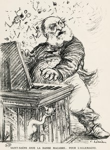 Karikatuur van Charles Camille Saint-Saens, Franse componist, pianist en organist
