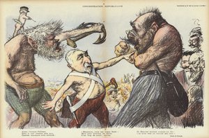 Emile Combes probeert Camille Pelletan en Maurice Rouvier uit elkaar te houden, illustratie voor Le Rire