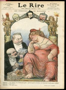 Illustratie van Charles Léandre (1862-1934) voor de omslag van Le Rire, 03/01/14 - Les étrennes de Marianne - Tribun - Clemenceau George, Jaurès Jean, Briand Aristide, Marianne, Caillaux Joseph (1863-1944) door Charles Leandre