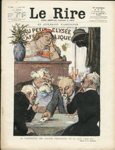 Illustratie van Charles Leandre (1862-1934) in Le Lire, 06/08/21 - Ondertussen Washington - Verkiezingen, President van de Republiek - Marianne, Fallieres Armand, Poinsare Raymond, Deschanel Paul - Kaartspel