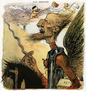 Paul Deroulede (1846-1914), Franse schrijver en nationalistische activist, een belangrijke figuur in het antidreyfusisme, karikatuur door Charles Leandre als ridder Don Quichot: op weg om tegen windmolens te vechten, draagt hij onder zijn arm een koffer ge