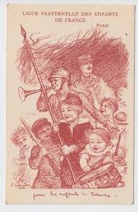 Ansichtkaart, Satirisch in Kleuren: Ligue fraternelle des enfants de France - Oorlog van 14-18, Kindertijd, Patriottische dagen Illustratie door Charles Leandre (1862-1934)