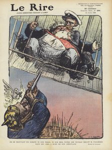 Satire die de Franse president Armand Fallieres afbeeldt die in een vliegtuig vliegt met Tsaar Nicolaas