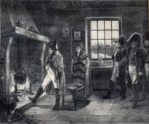 Keizer Napoleon I verwarmt zich bij een houtvuur in een sneeuwlandschap - Napoleon na de Slag bij Waterloo in 1814 - gravure naar het schilderij van Charles Louis (Charles-Louis) Kratke (1848-1921) door Charles Louis Kratke