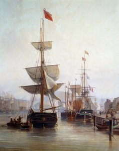 Schip in de haven van Rouen in 1855 (detail) door Charles Louis Mozin