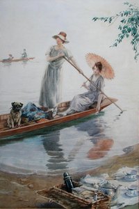 Twee meisjes met hun mopshond peddelen terug naar hun picknick door Charles MacIvor or MacIver Grierson