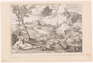 Landschap met Andromeda bewaakt door de draak en Perseus aanvliegend in een wolk door Charles Macé (attributed to)