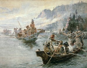 Lewis & Clark aan de Beneden-Columbia-rivier door Charles Marion Russell
