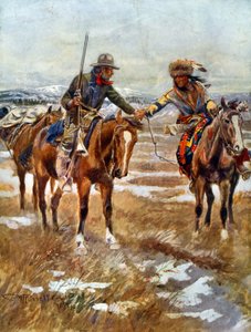 De ontmoeting van Amerikaanse en inheemse Amerikaanse mannen die elkaar de hand schudden te paard door Charles Marion Russell