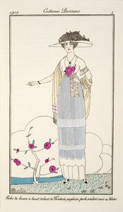 Robe de linon à haut volant de Broderie anglaise perle souliers noir et blanc, Plaat 5, Costumes Parisiens gepubliceerd in Journal des Dames et des Modes, 1912 (handgekleurde gravure) door Charles Martin