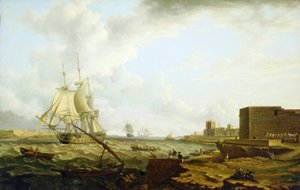 Een derde-klas oorlogsschip van de Britse Koninklijke Marine dat Port Mahon (Spanje) binnenvaart, met een klein vaartuig dat officieren naar de kade aan de rechterkant brengt