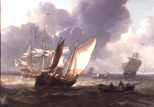 Nederlandse Drie-Masters en Kleine Vaartuigen in een Zwelling