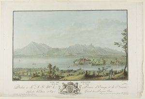 Uitzicht vanaf Schadau over het meer van Thun door Charles Melchior Descourtis