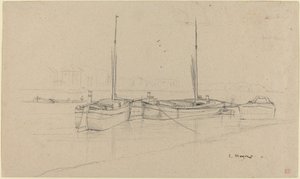 Boten op rivier met masten door Charles Meryon