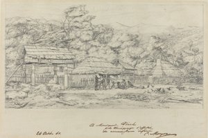 Inheemse graanschuren en woningen in Akaroa, Banks-schiereiland door Charles Meryon