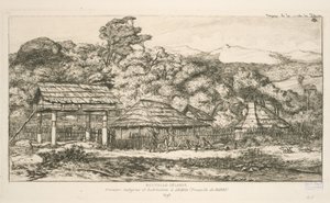 Inheemse graanschuren en woningen in Akaroa, Banks-schiereiland, illustratie uit 