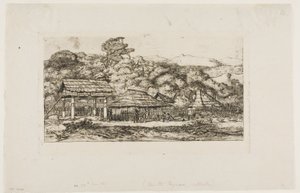 Inheemse schuren en hutten bij Akaroa, Banks
