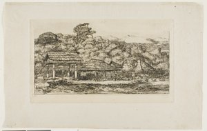Inheemse schuren en hutten bij Akaroa, Banks