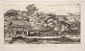 Inheemse schuren en hutten in Akaroa, Banks Peninsula, 1845, 1865