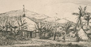 Nieuw-Caledonië, Nouvelle Calédonie: grote inheemse hut op het wandelpad naar Poepo, illustratie uit "Etching of the Pacific...", 1863 door Charles Meryon