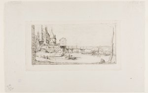 De voetbrug die tijdelijk de Pont-au-Change vervangt, Parijs, na de brand van 1621 door Charles Meryon