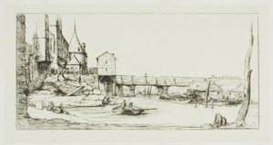 De Voetbrug die tijdelijk de Pont-au-Change vervangt, Parijs, na de brand van 1621 door Charles Meryon