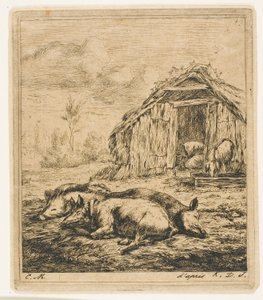 Drie Varkens Liggend voor een Schuur door Charles Meryon