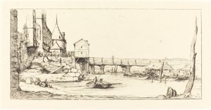 Voetgangersbrug Tijdelijk de Pont-au-Change Vervangend, Parijs, na de Brand van 1621 door Charles Meryon after Stefano Della Bella