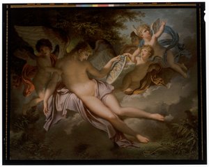 Cupido huilt om het verlies van Psyche, wiens portret hij in handen houdt