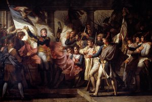 De maarschalk Michel Ney (1769-1815) overhandigt de soldaten van het 76e linie regiment hun teruggevonden vlaggen op 7/11/1805 door Charles Meynier