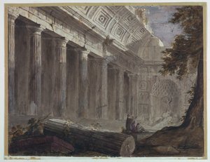 Antieke ruïnes met figuren die contempleren