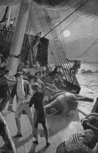 Het schip van Kapitein Cook in gevaar, de bemanning gooide de kanonnen overboord